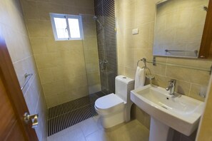 Hair dryer, towels, soap, shampoo