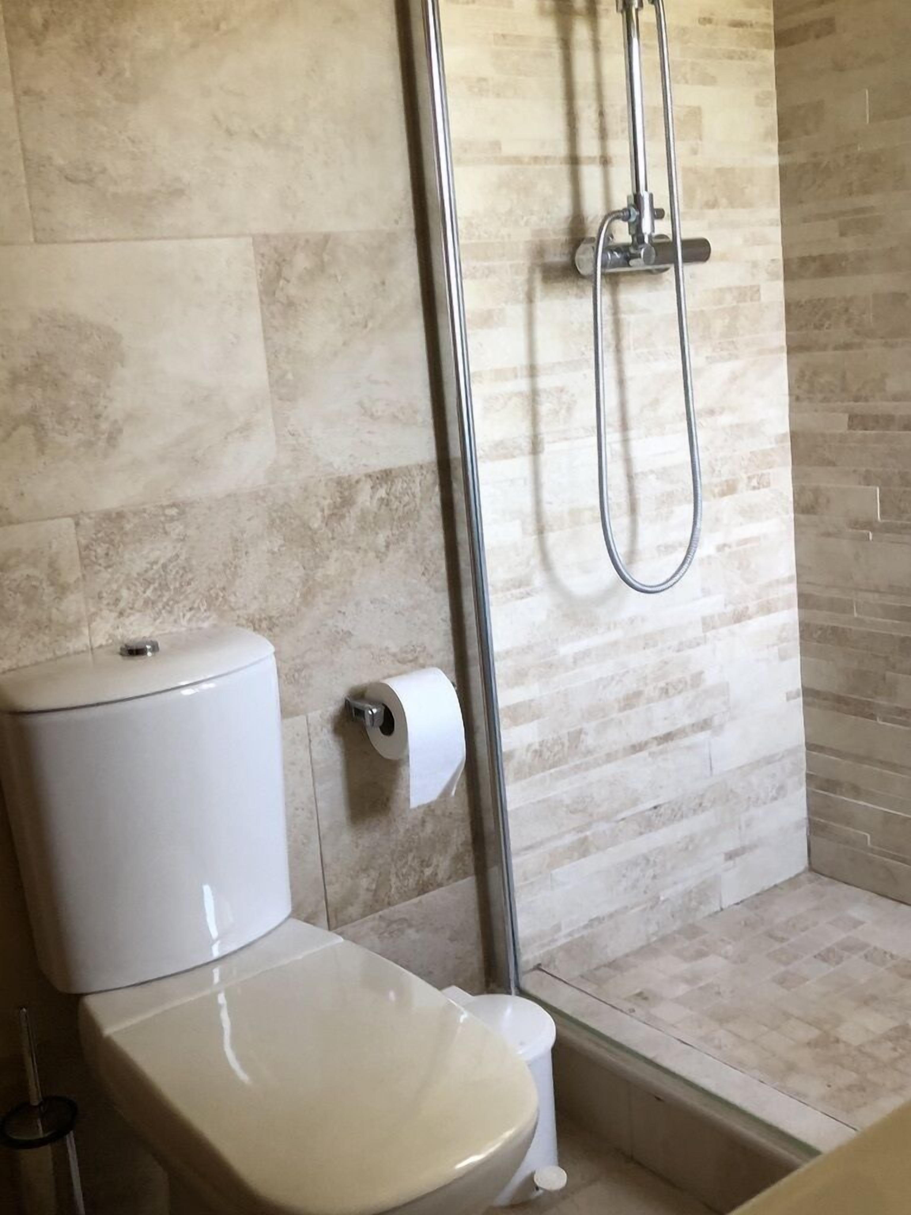 A bathroom with a toilet, a shower, and a toilet paper holder.