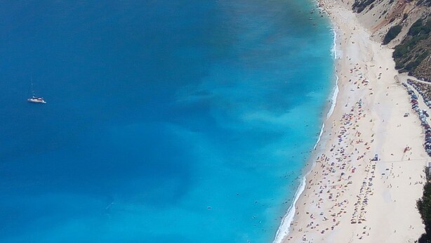 Vista aerea di una spiaggia con acque blu cristalline, una battigia sabbiosa e alcune barche.