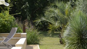 A poolside area with a lounge chair, a palm tree, and various plants.