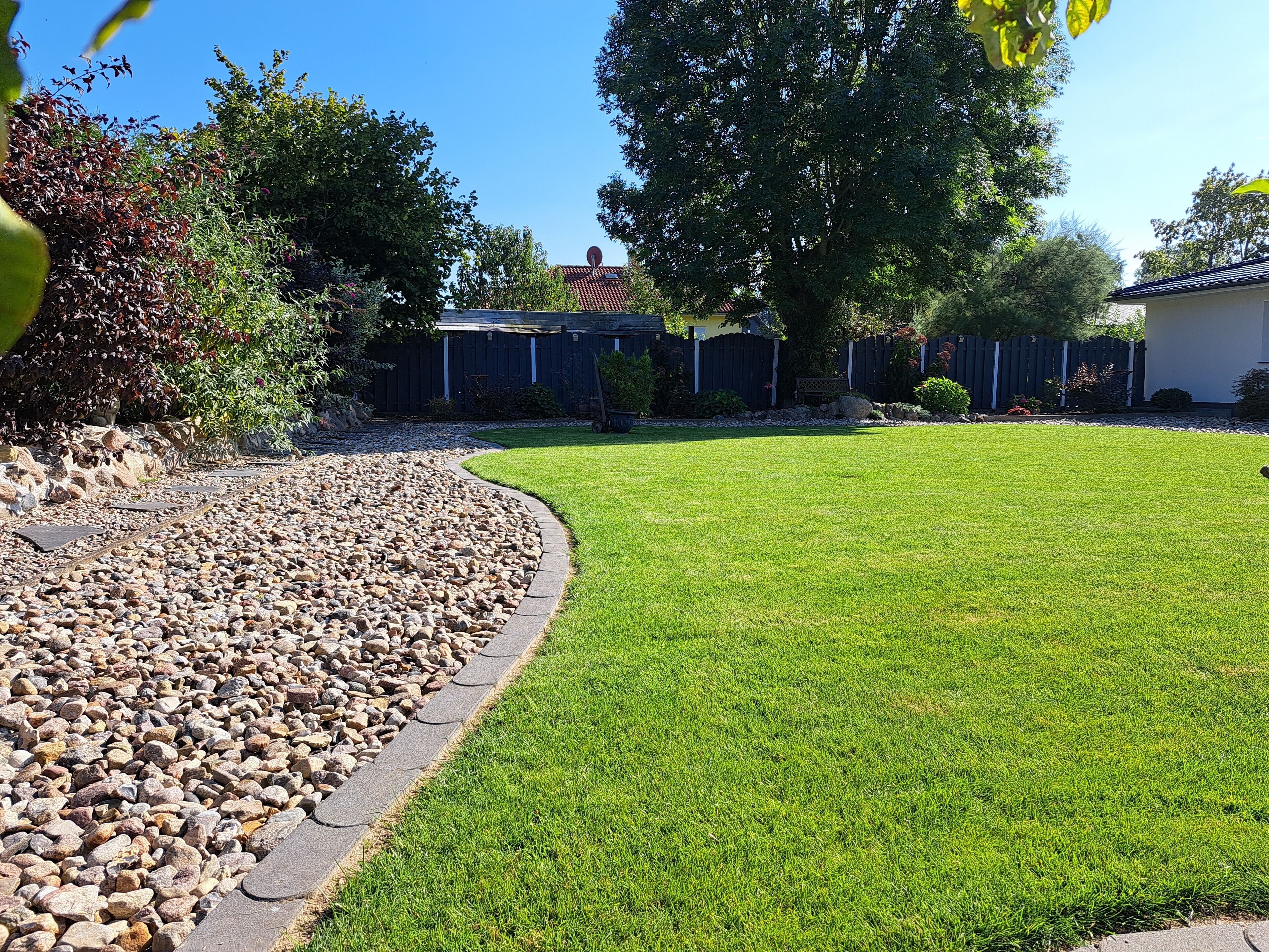 Un jardin bien entretenu, avec un chemin de pierres sinueux menant à une pelouse, le tout entouré d’une clôture en bois et agrémenté de diverses plantes.