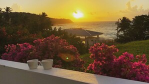 A sunset view from a balcony with pink flowers in the foreground and a small building with a sloped roof in the background. - OCEAN VIEW VILLA WITH PRIVATE POOL, STEPS FROM SECLUDED BEACH, GATED COMMUNITY! (Yabucoa)
