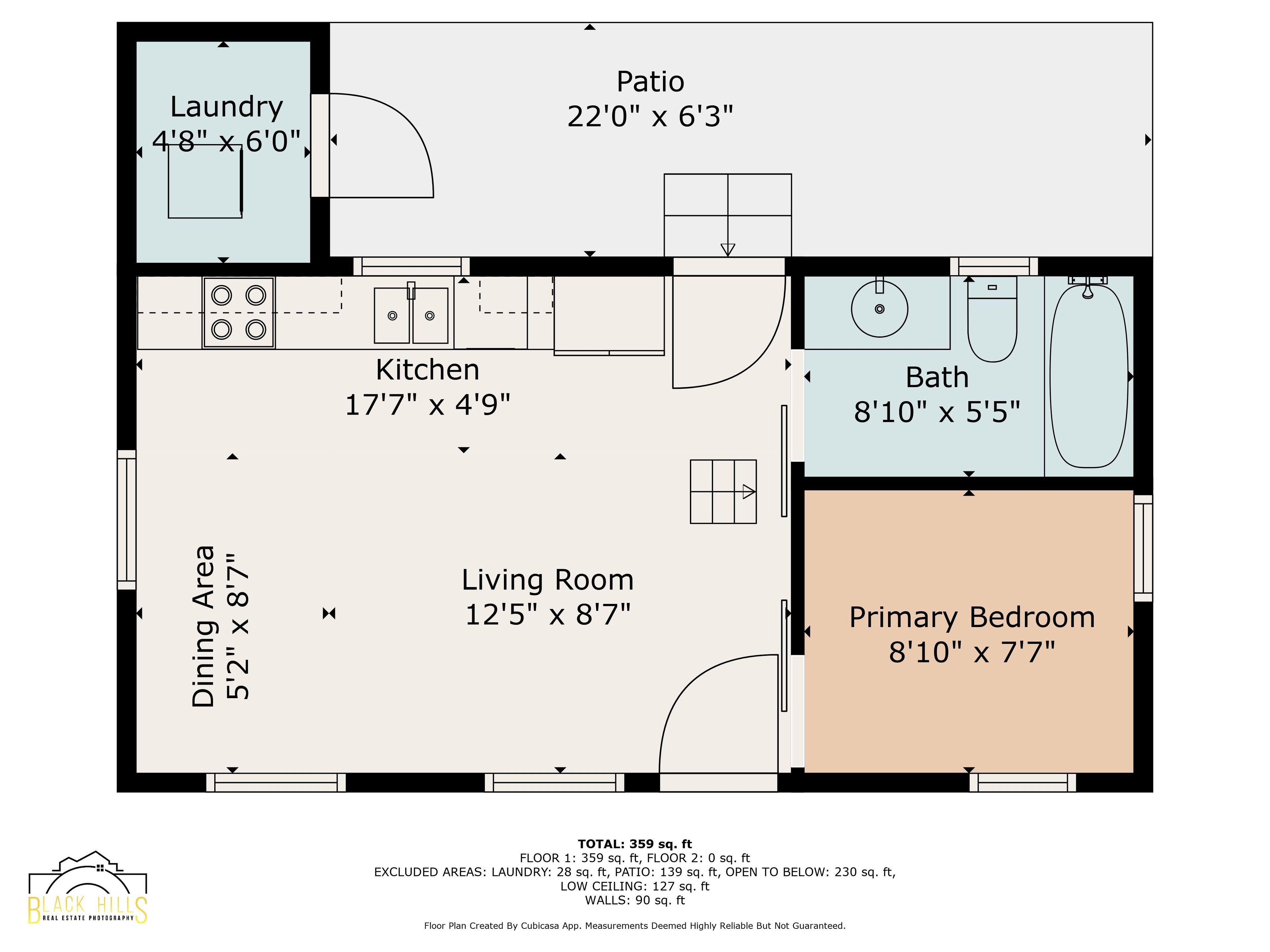 Un plan d’étage d’une maison comprenant une terrasse, une buanderie, une cuisine, un salon, un coin repas, une salle de bain et une chambre principale.