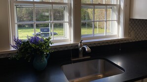 A kitchen with a large window, a sink, and a potted plant. - BEAUTIFUL COTTAGE on ORANGE ST, WALK TO MAIN STREET! (Nantucket)
