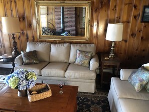 Smart-TV, peis, DVD-spiller og bøker