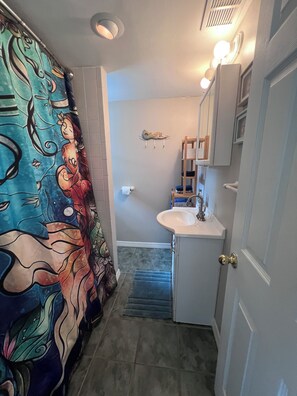 Combined shower/tub, hair dryer, towels, soap