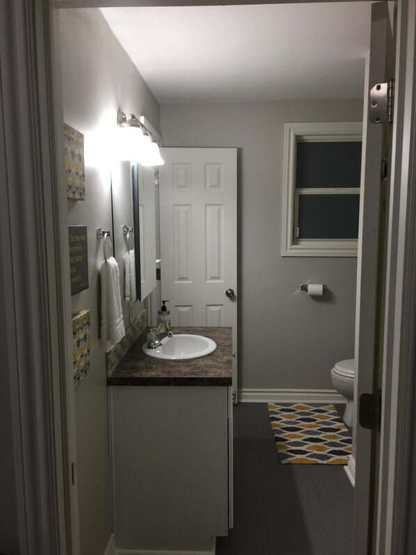 A narrow bathroom with a white sink, a mirror, and a towel rack.