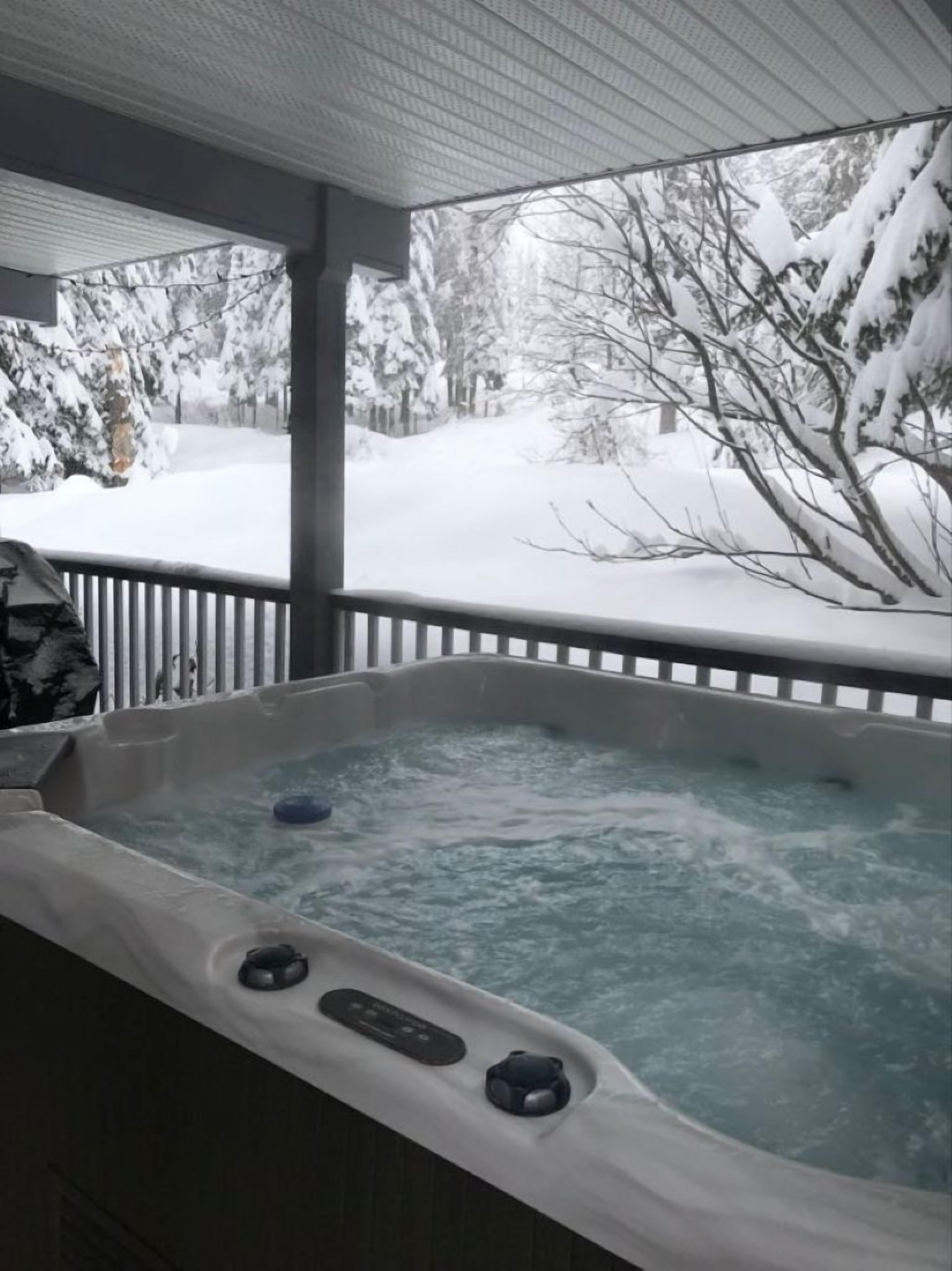 Un bain à remous avec vue sur un paysage enneigé.