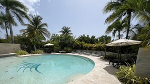 Ein klares Schwimmbecken mit Fliesenrand, umgeben von Liegestühlen und Sonnenschirmen, im Hintergrund Palmen und Grünpflanzen.