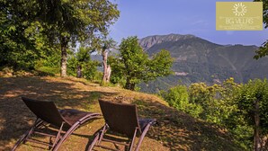 Two wicker chairs on a grassy hillside with a mountainous backdrop. - Luxury Villa Tuscany (Bagni di Lucca)