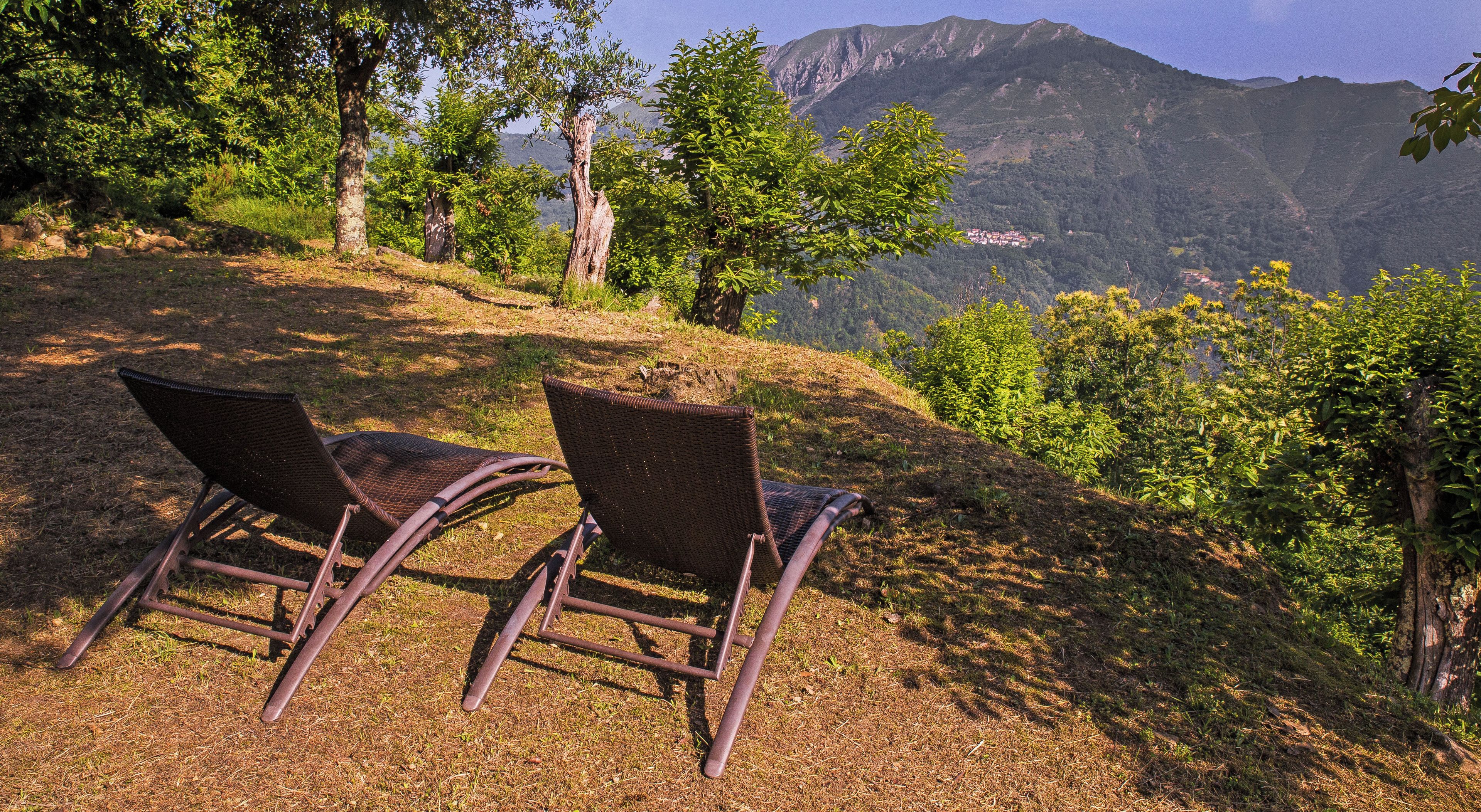 Deux fauteuils en osier, placés sur une colline herbeuse, avec une chaîne de montagnes en arrière-plan.