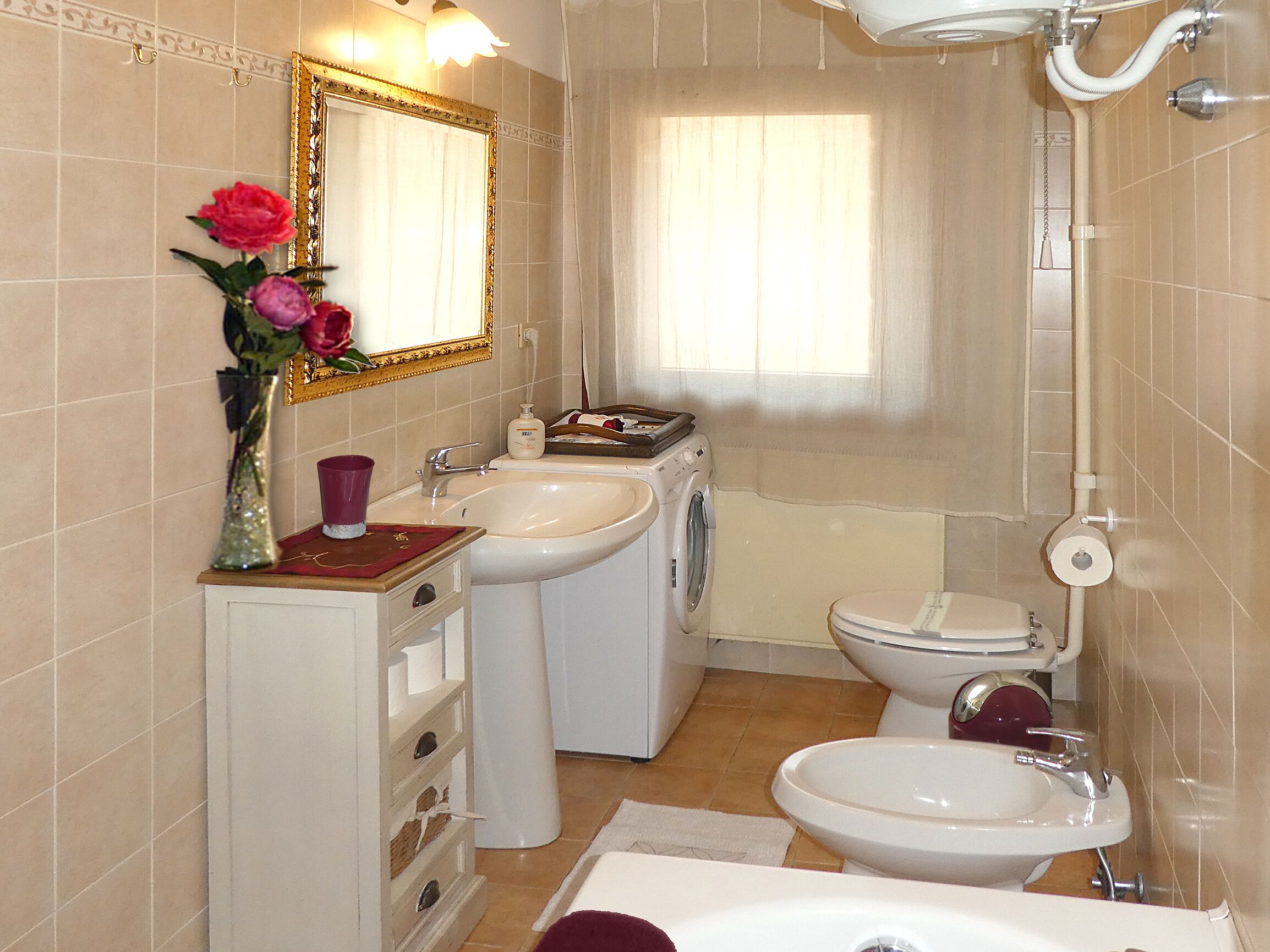Combined shower/bathtub, hair dryer, bidet, towels
