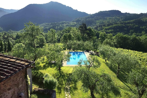 View of pool from bedroom window. The pool benefits from all day sunshine