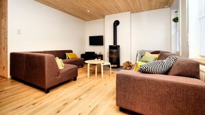 A modern living room with two sofas, a coffee table, and a fireplace. - Vacation home Martha (Veurne)