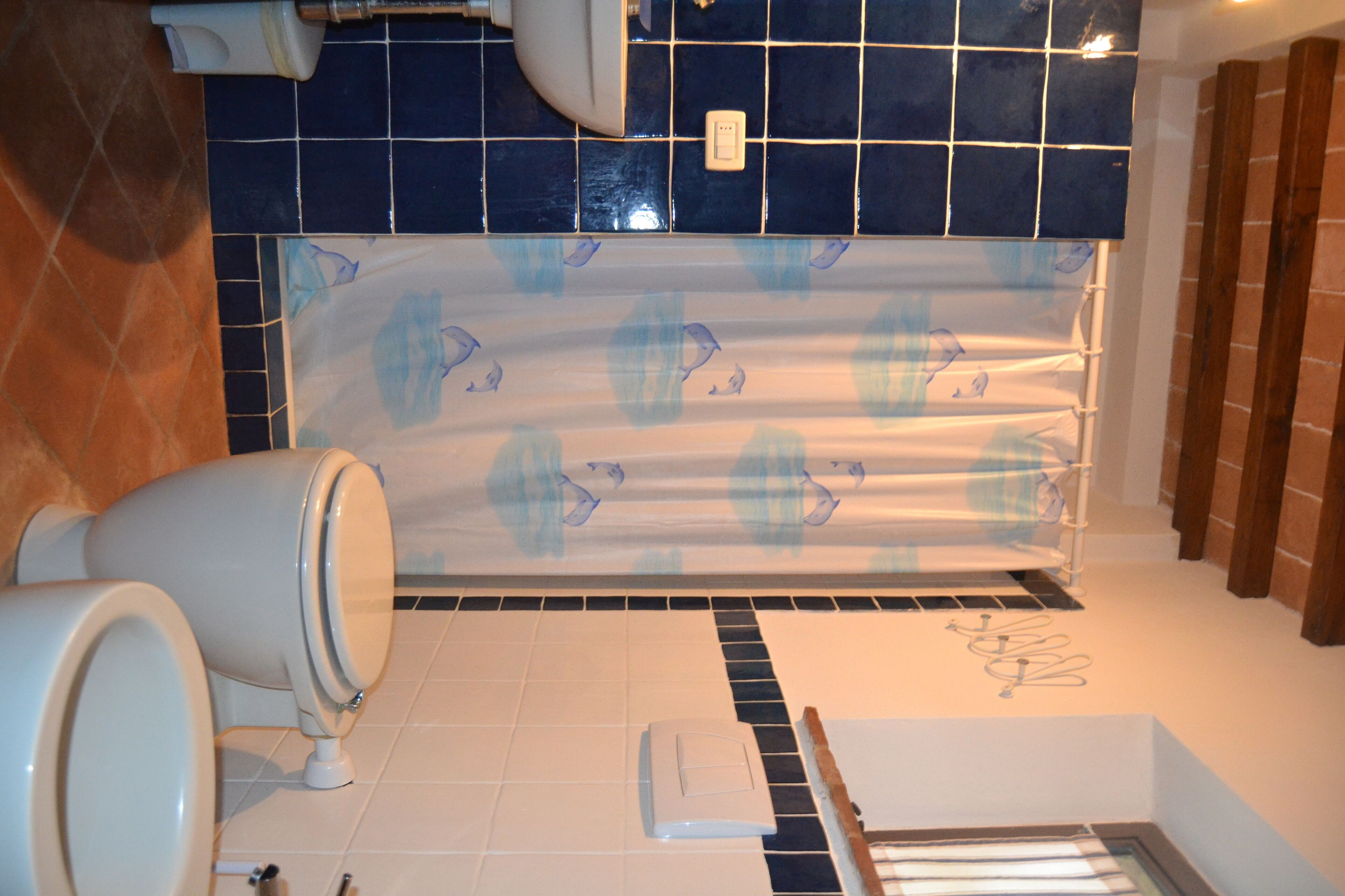 A bathroom with a tiled floor, a shower curtain with a dolphin pattern, and a toilet.