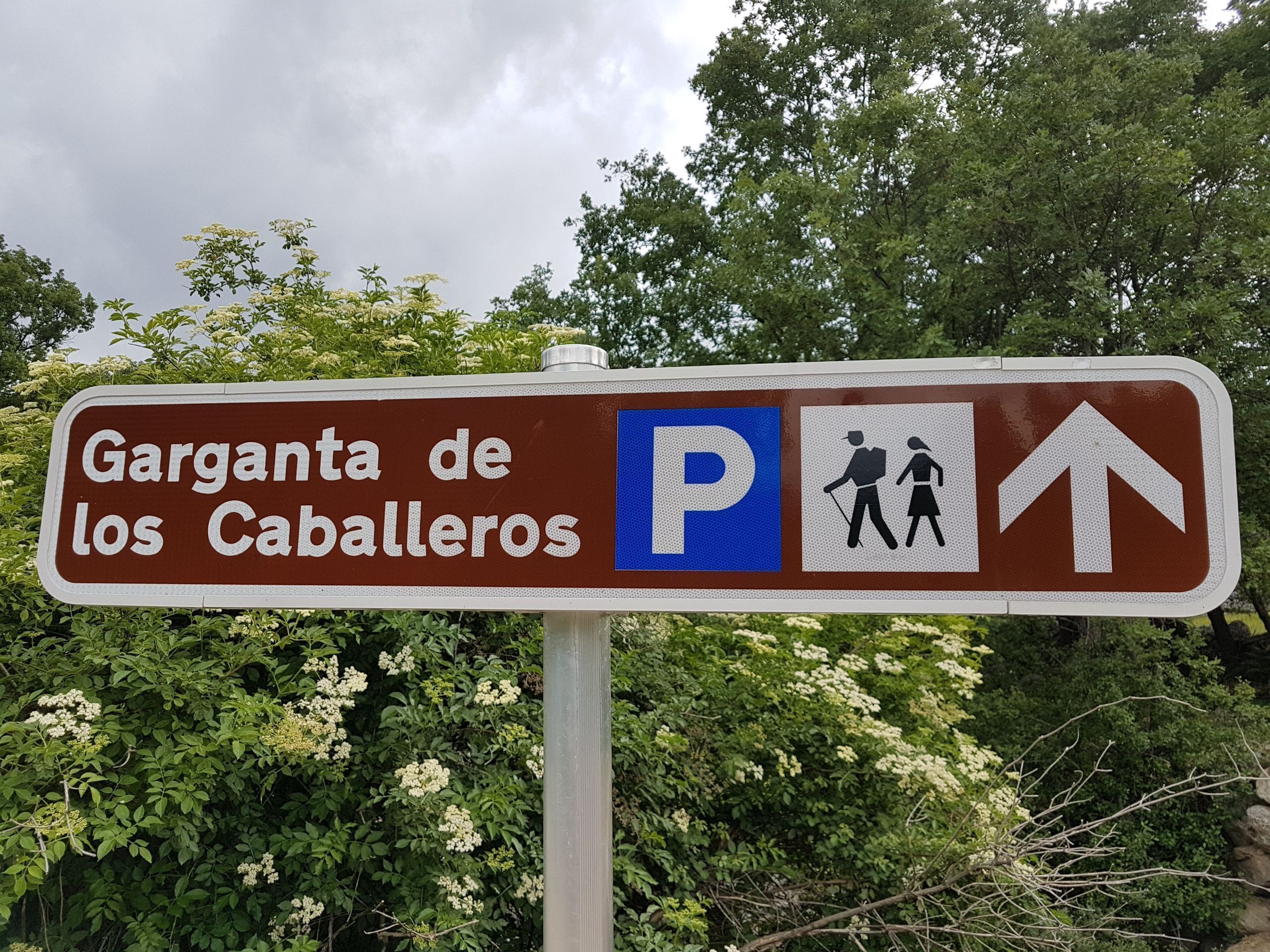 Schild, das einen Parkplatz mit Fußweg kennzeichnet.