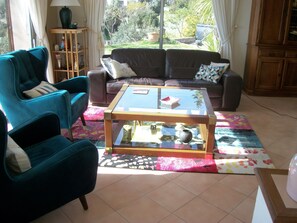 Smart TV, fireplace, DVD player, books