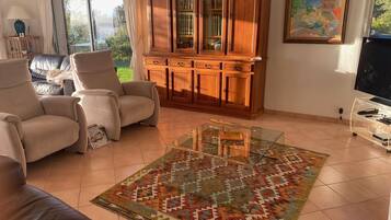 Smart TV, fireplace, DVD player, books