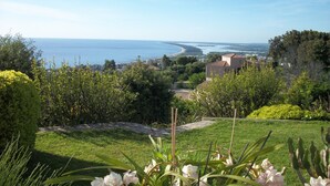 Un paisaje costero con vista al mar, vegetación y edificios.