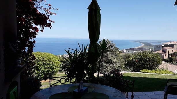 Un patio con vista al mar, rodeado de vegetación y un suelo de baldosas.