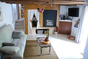 電視、壁爐、DVD 播放機、書籍