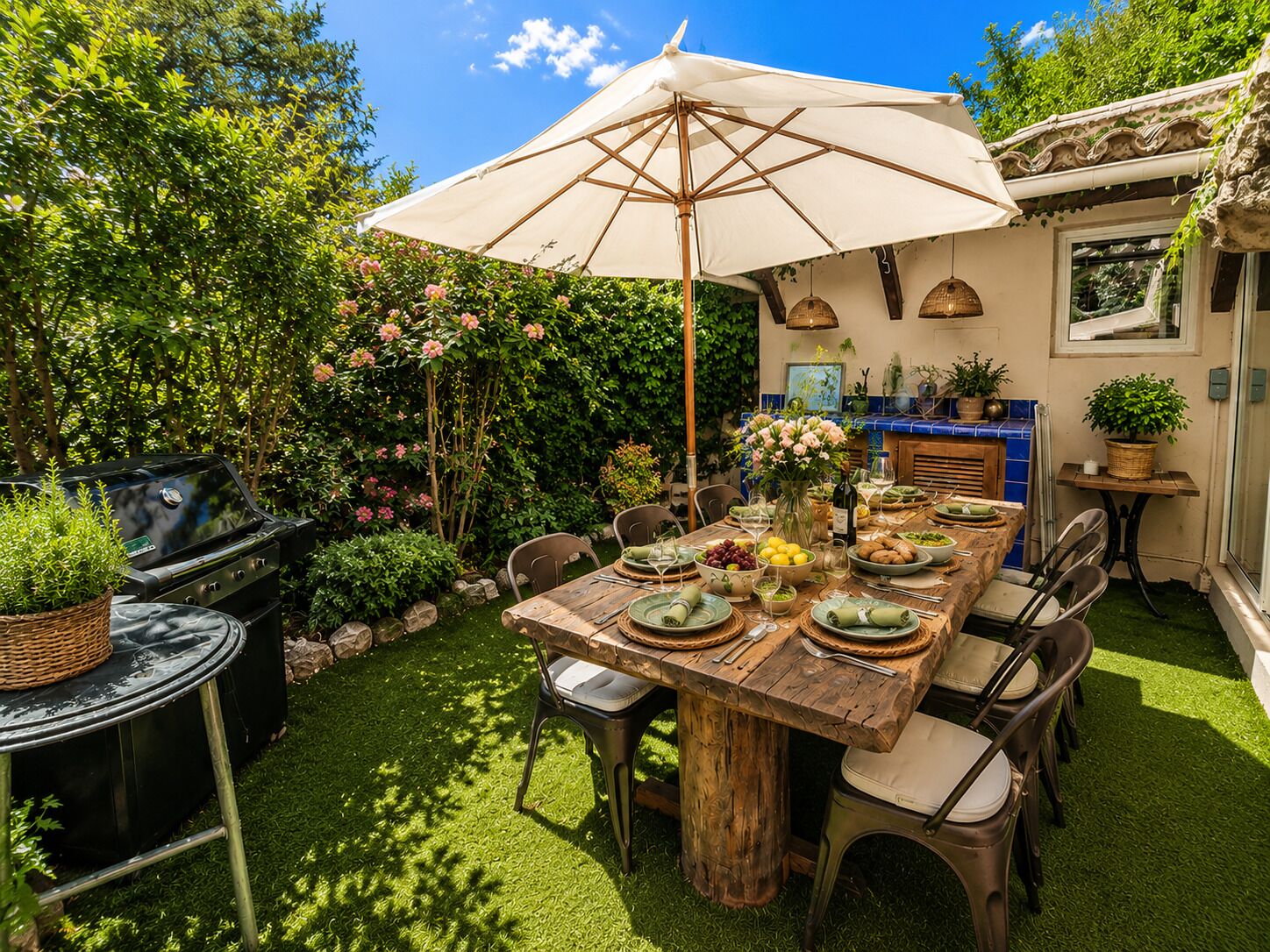 Une table à manger en bois, avec des chaises, un barbecue et un parasol, le tout installé dans un jardin.