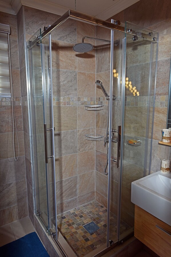 A glass-enclosed shower with a handheld showerhead and a handheld faucet.