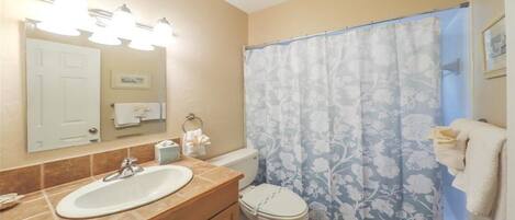 A bathroom with a sink, toilet, and shower curtain.