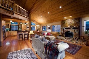 Televisión, chimenea, reproductor de DVD y libros