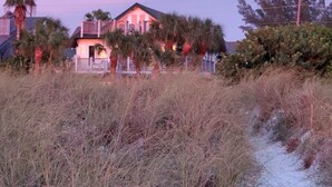 A beachfront house with a balcony, surrounded by tall grasses and palm trees. - Dunes, Daisies, Surf, Sand, Sunsets...Historic BUTLERHOUSE,  Pass-a-Grille (St. Pete  Beach)