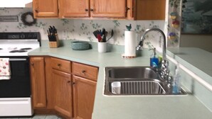 A kitchen with wooden cabinets, a sink, and a stove.
