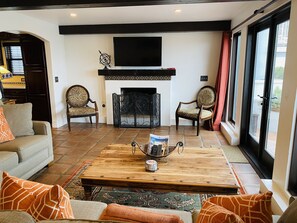 TV, fireplace, books