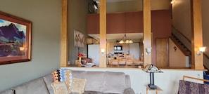 TV, fireplace, music library