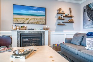 Smart TV, fireplace, books, stereo