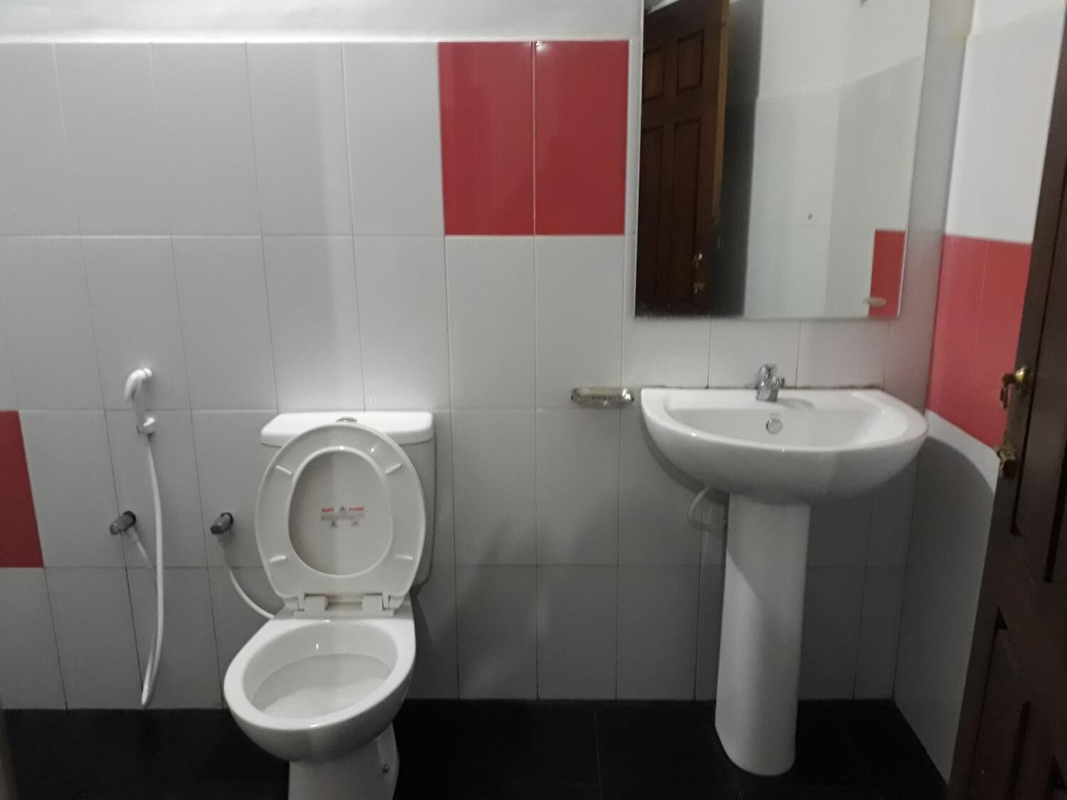 A bathroom with a toilet, sink, and mirror.