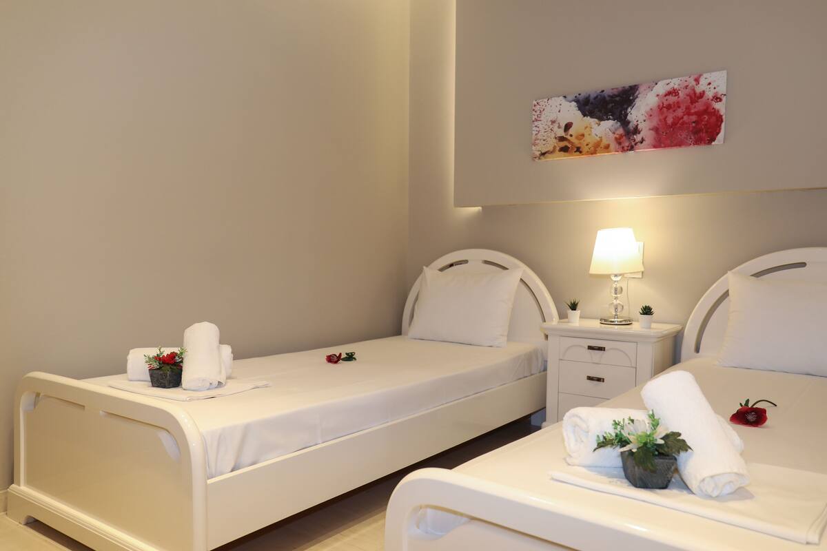 A hotel room with two single beds, each with a white headboard, a bedside table with a lamp, and a small potted plant.