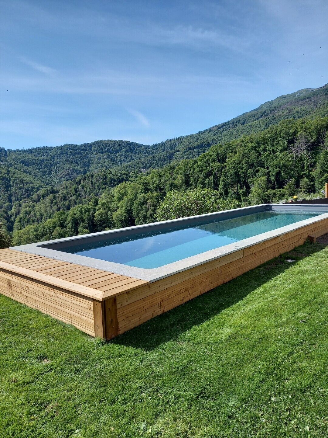 A rectangular swimming pool with a wooden deck, surrounded by a grassy area and a forested hillside.