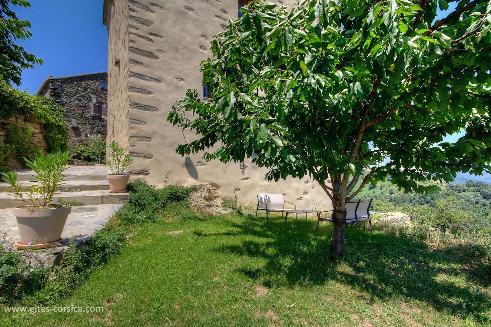 A stone building with a rustic exterior, a grassy area with a bench, and potted plants.