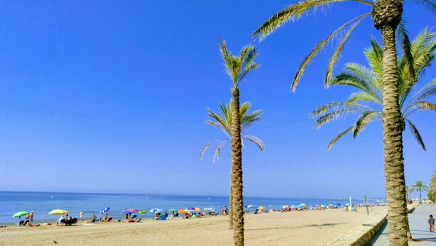 A beach with palm trees, umbrellas, and people. - CALAFELL 5 BEACH WITH: POOL, BEACH, PARKING, SUPERMARKETS / MAC-DONALS (Calafell)