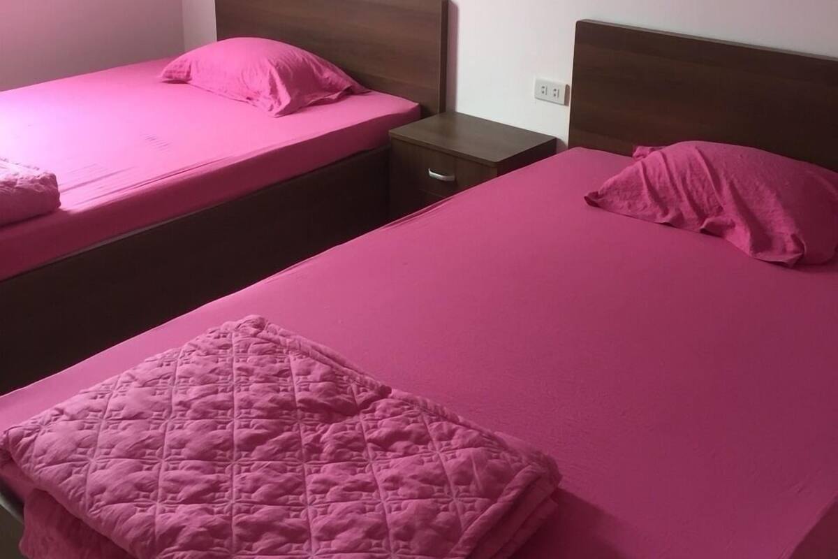 A room with two single beds, each with a pink bedspread and matching pillows. There is a nightstand between the beds, and a painting hangs on the wall above the beds.
