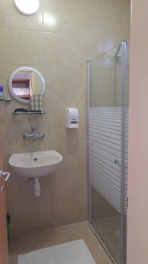 A bathroom with a sink, mirror, and shower. - Elifaz Kibbutz Desert Hospitality (Hevel Eilot)