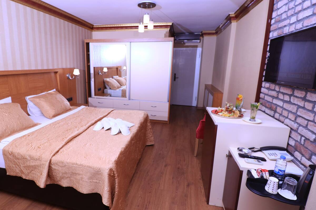 A hotel room with a bed, a desk, a mirror, and a TV.