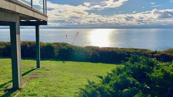 A coastal view with a grassy area, a concrete structure, and a clear sky.