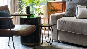 A living room with a sofa, a coffee table, a chair, a potted plant, and a painting on the wall.
