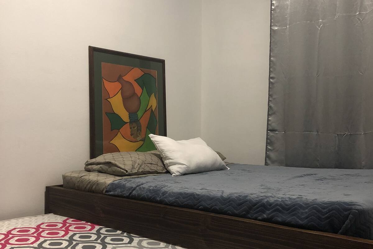 Hypo-allergenic bedding, blackout curtains, iron/ironing board