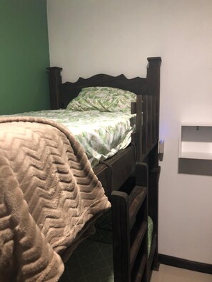 Hypo-allergenic bedding, blackout curtains, iron/ironing board