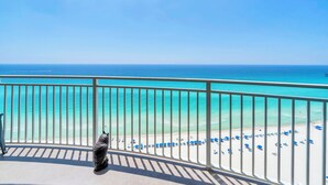 A balcony with a view of a beach and ocean. - ☀️BeachFRONT-2 Gulf Front Pools-Aqua Resort 1505☀️ (Panama City Beach)