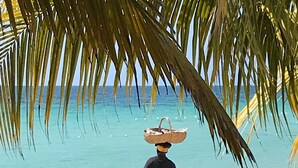 Une scène de plage où l’on voit une personne portant un panier sur la tête et tenant un sac à la main, marchant sur le sable.