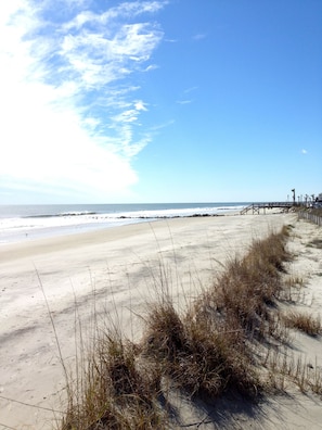 On the beach, sun loungers, beach towels