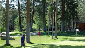 Eine Person auf einem Golfplatz, im Hintergrund Bäume und ein Gebäude.